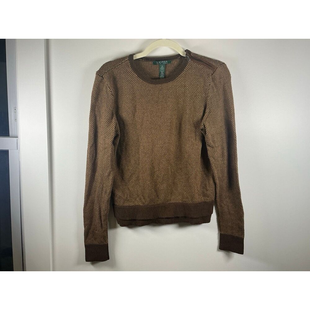 Lauren Ralph Lauren Women's Medium Brown Knit Sweater Leather Zip Shoulder